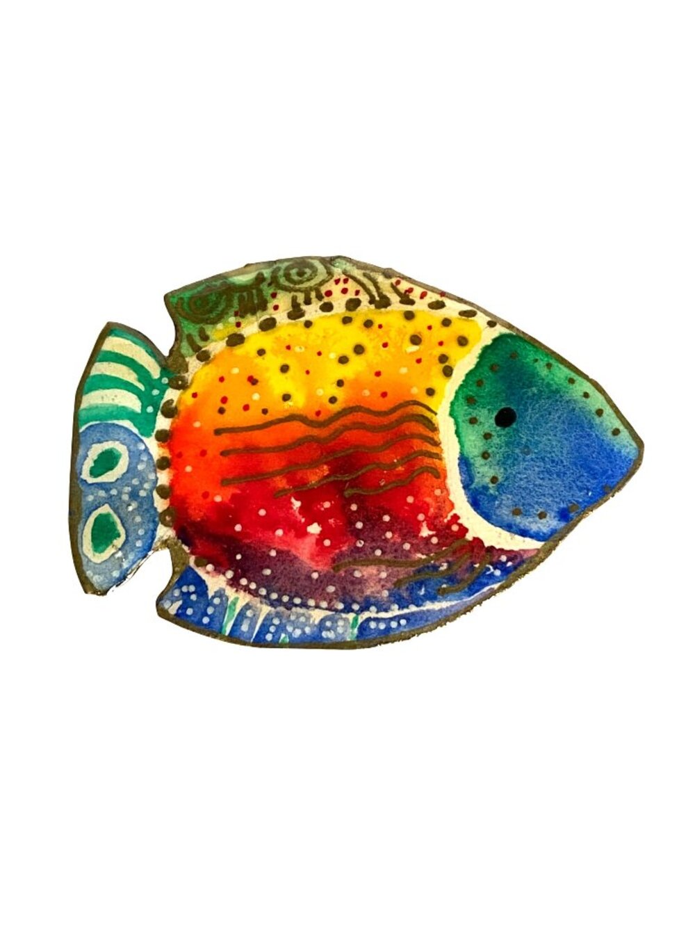 DJB Colorful Fish Watercolor Hand Painted Gold Rim Resin Pin Brooch 3x2in